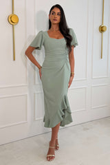 Darcie Flaired Sleeve Frill Midi Dress Sage