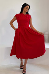 Bonnie Pleated Asymetric Shoulder Midi Dress Red