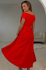 Dollie Asymmetric Neckline Skater Midi Dress Red