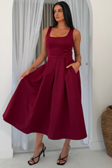 Erica Square Neck Pleated Midi Dress Berry