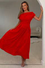 Dollie Asymmetric Neckline Skater Midi Dress Red