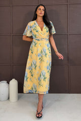 Daisy Wrap Neck Twist Detail Midi Dress Yellow