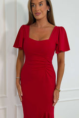 Darcie Flaired Sleeve Frill Midi Dress Red