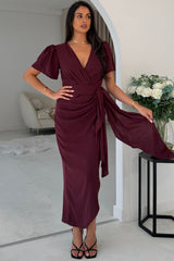 Drew Puff Sleeve Wrap Front Midi Dress Plum