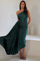 Aoife One Shoulder Pleated Midi Dress Emerald