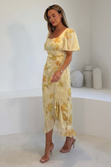 Heidi Floral Print Ruched Midi Dress Yellow