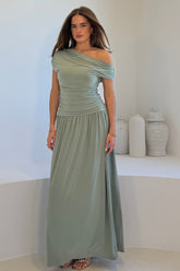Colette Rushed Off Shoulder Maxi Dress Sage