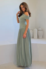 Colette Rushed Off Shoulder Maxi Dress Sage
