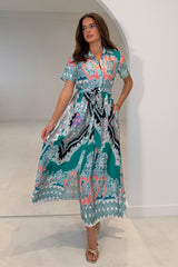 Aurora Paisly Print Midi Shirt Dress Green