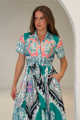 Aurora Paisly Print Midi Shirt Dress Green