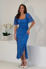 Heidi Blue Lace Ruched Midi Dress