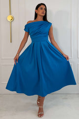 Betty Asymmetric Neckline Skater Midi Dress Teal