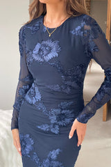 Elodie Floral Embroidered Mesh Bodycon Dress Midi Navy