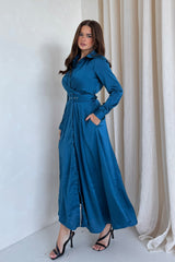 Kira Wrap Detail Maxi Shirt Dress In Petrol Blue