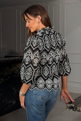 Kate Black and White Cotton Broidery V Neck Blouse