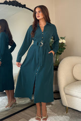 Grace Buckle Detail Emerald Midi Shirt Dress