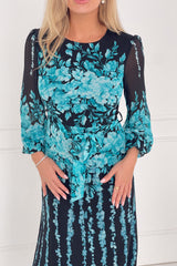 Harlow Blue Floral Belted Long Sleeve Midi Dress