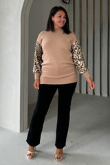 Inez Camel Knit Sequin Leopard Sleeve Jumper Dress
