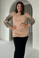 Inez Camel Knit Sequin Leopard Sleeve Jumper Dress