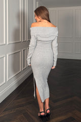 Brea Knitted Sequin Bardot Midi Dress Grey