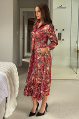Isabella Foiled Print Tie Front Midi Dress Pink