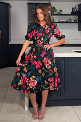 Holland Black & Pink Floral Collar Midi Dress