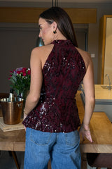 Alessia Halter Neck Top Wine Sequin