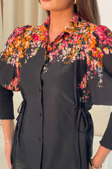 Fie Shirred Sleeve Tie Side Shirt Black Floral