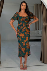 Dove Ruched Detail Midi Dress In Emerald Floral