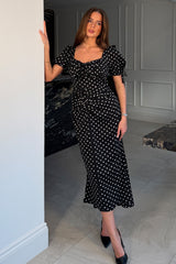Dove Ruched Detail Midi Dress In Black Spot