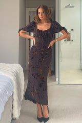 Dove Ruched Detail Midi Dress In Brown Floral