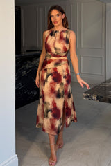 Bay Boat Neck Keyhole Detail Midi Dress Brown Abstract