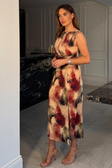 Bay Boat Neck Keyhole Detail Midi Dress Brown Abstract