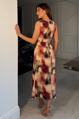 Bay Boat Neck Keyhole Detail Midi Dress Brown Abstract