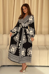 Juno Border Print Long Sleeve Maxi Dress Black