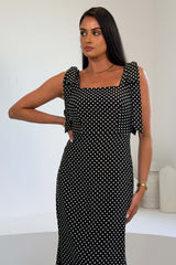 Jovi Tie Shoulder Square Neck Midi Dress Black Spot