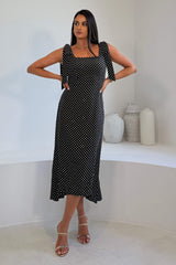 Jovi Tie Shoulder Square Neck Midi Dress Black Spot