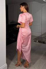 Drew Puff Sleeve Wrap Front Midi Dress Pink