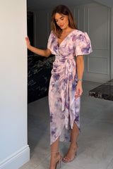 Drew Puff Sleeve Wrap Front Midi Dress Purple Marble