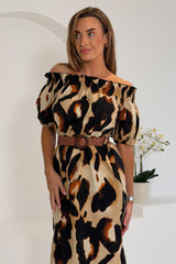Jordana Off the Shoulder Midi Dress Brown Animal