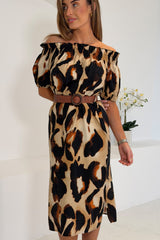 Jordana Off the Shoulder Midi Dress Brown Animal