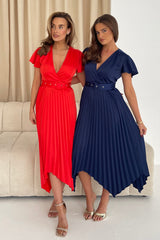 Brooklyn Asymmetric Pleated Belted Midi Dress Red