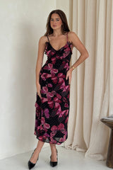 Ainsley Frill Detail Diamond Butterfly Print Midi Dress Black