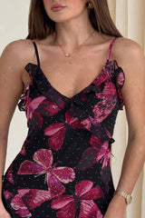 Ainsley Frill Detail Diamond Butterfly Print Midi Dress Black