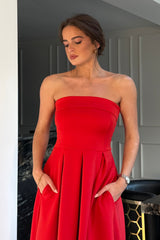 Danni Strapless Bandeau Midi Dress Red
