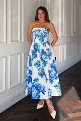 Danni Strapless Bandeau Midi Dress Blue Floral