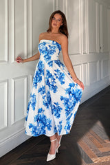 Danni Strapless Bandeau Midi Dress Blue Floral