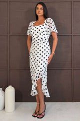 Heidi Black Spot Ruched Midi Dress