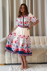 Holland Cream Floral Border Print Midi Dress
