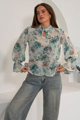 Aideen Frill Sleeve Floral High Neck Blouse